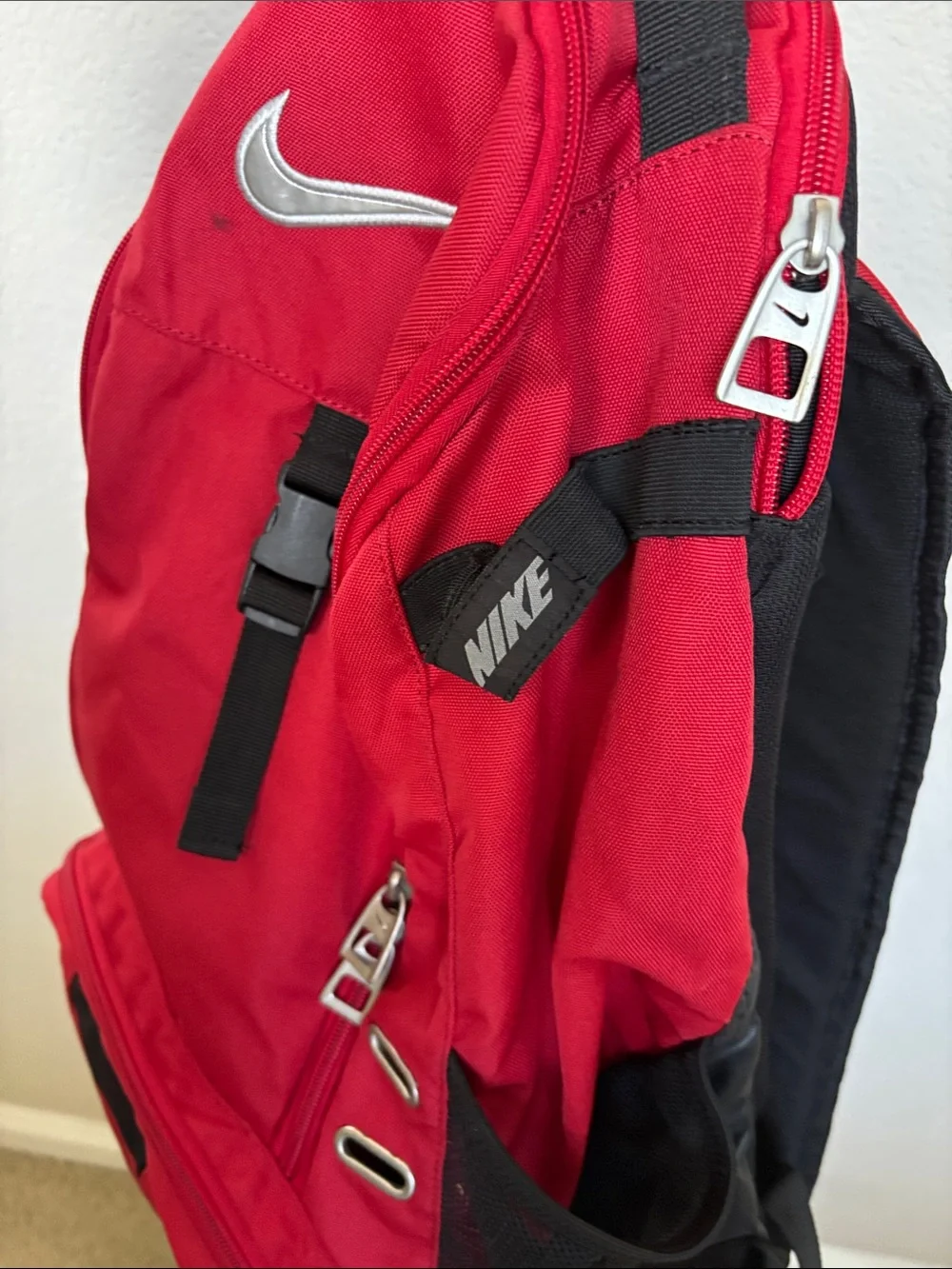 Nike Red and Black Men's Athletic Backpack with White Swoosh